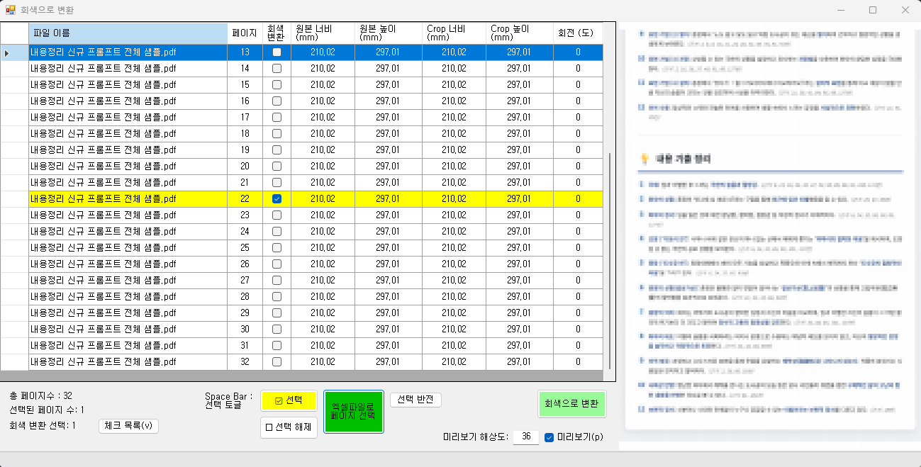 회색 변환 페이지 선택 화면
